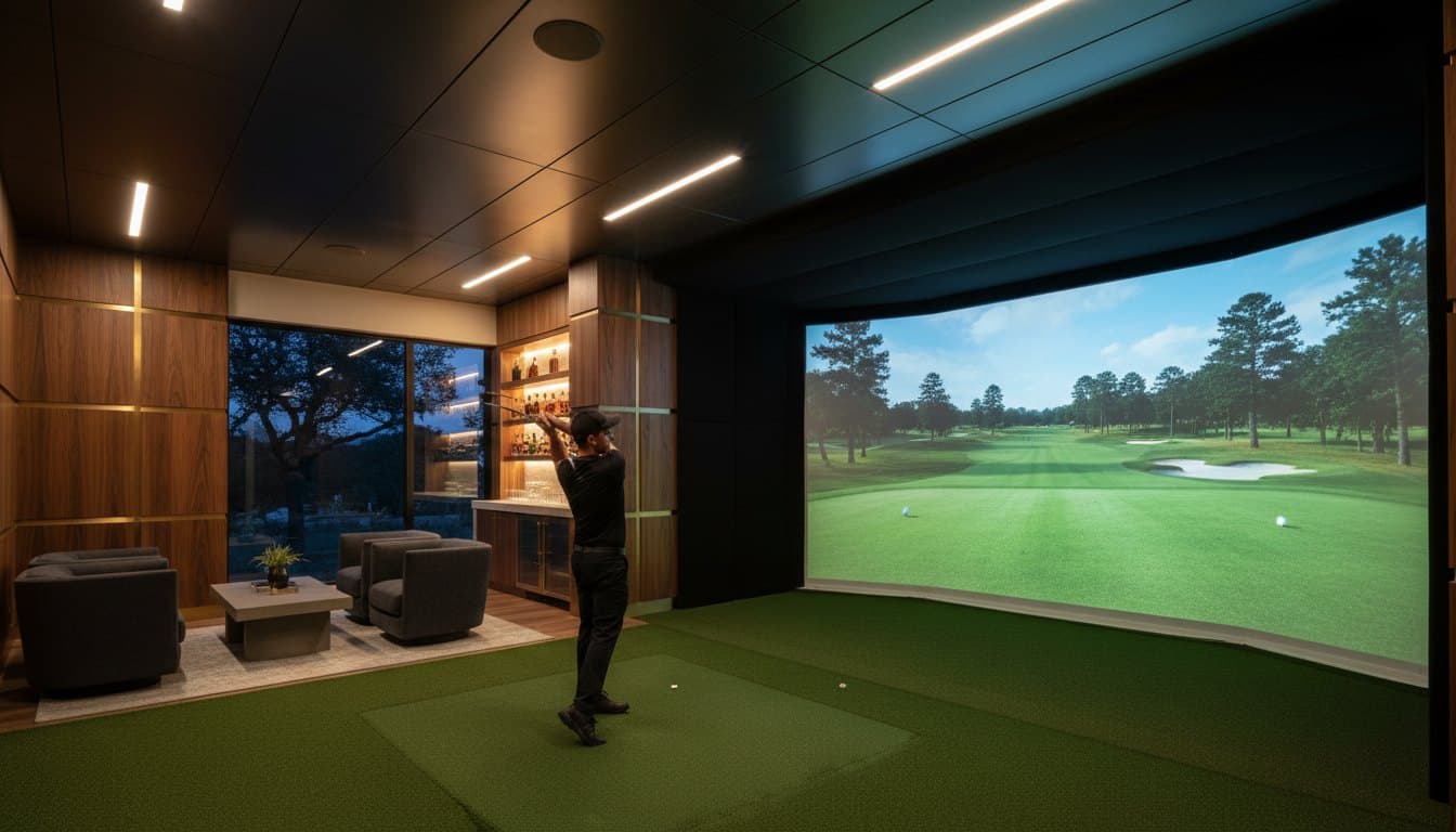 Golf simulator studio at night with a golfer mid-swing