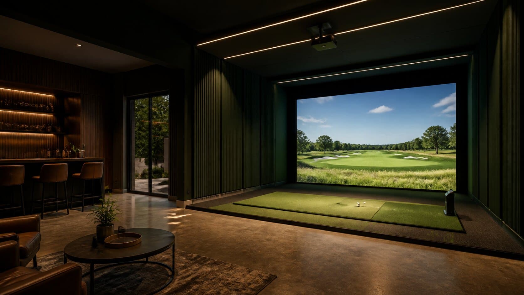 Dark refined residential golf simulator room with lounge seating